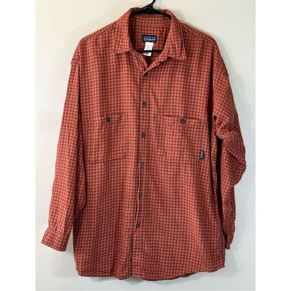 Patagonia Organic Plaid Button Up Twill Long Sleeve Burnt Orange Shirt Men's L
